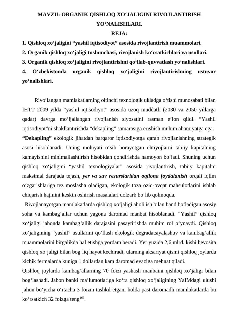 ORGANIK QISHLOQ XO‘JALIGINI RIVOJLANTIRISH YO‘NALISHLARI.