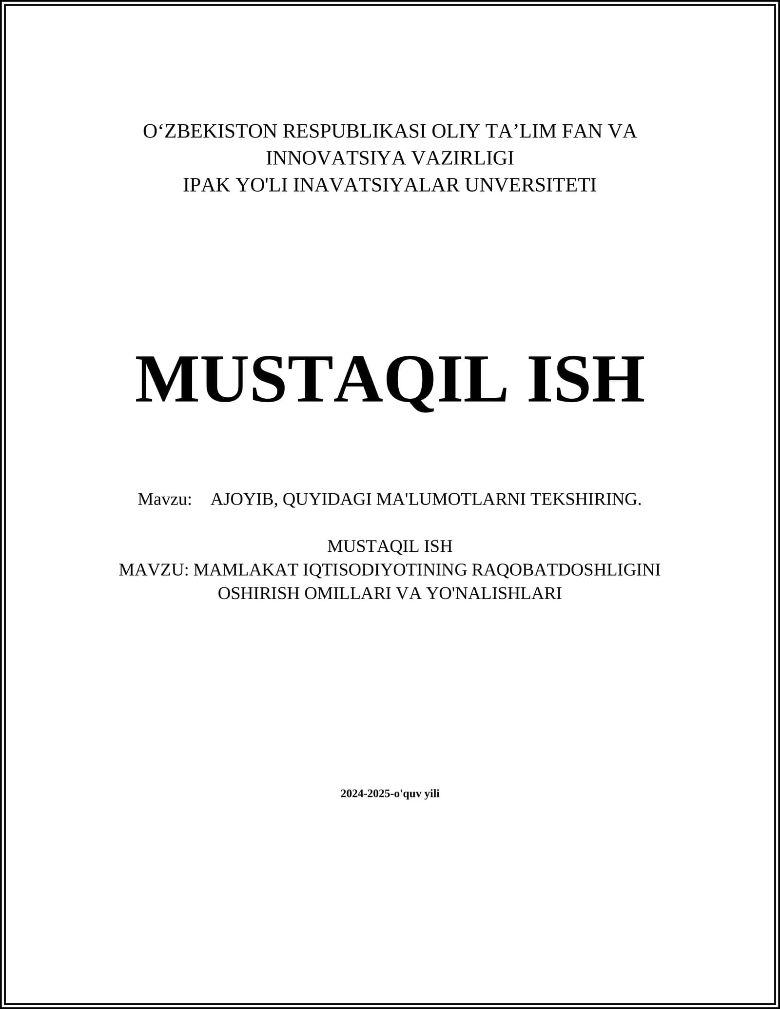 MAMLAKAT IQTISODIYOTINING RAQOBATDOSHLIGINI OSHIRISH OMILLARI VA YO'NALISHLARI