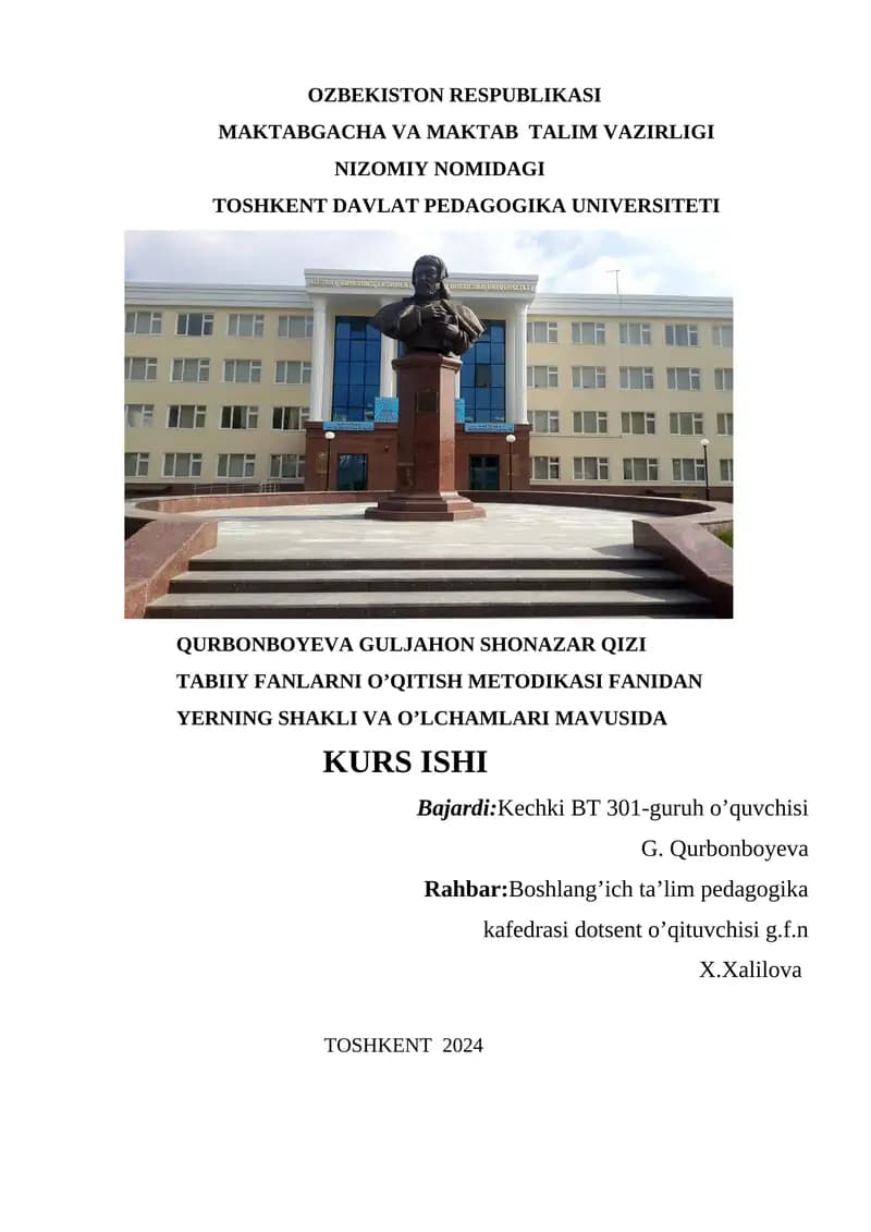 YERNING SHAKLI VA O’LCHAMLARI