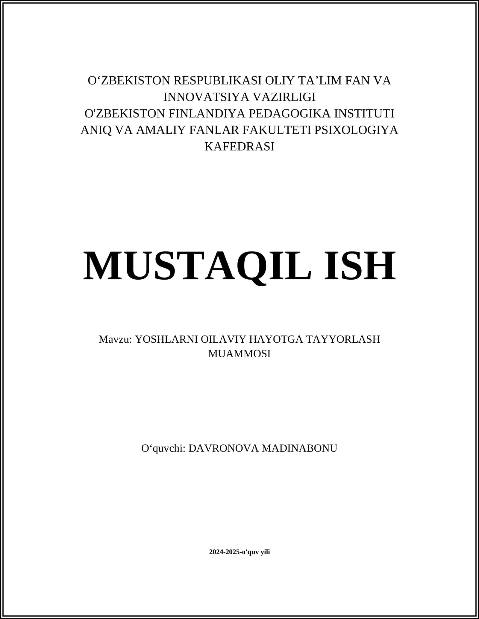 Yoshlarning oila qurishga tayyorlik darajasi