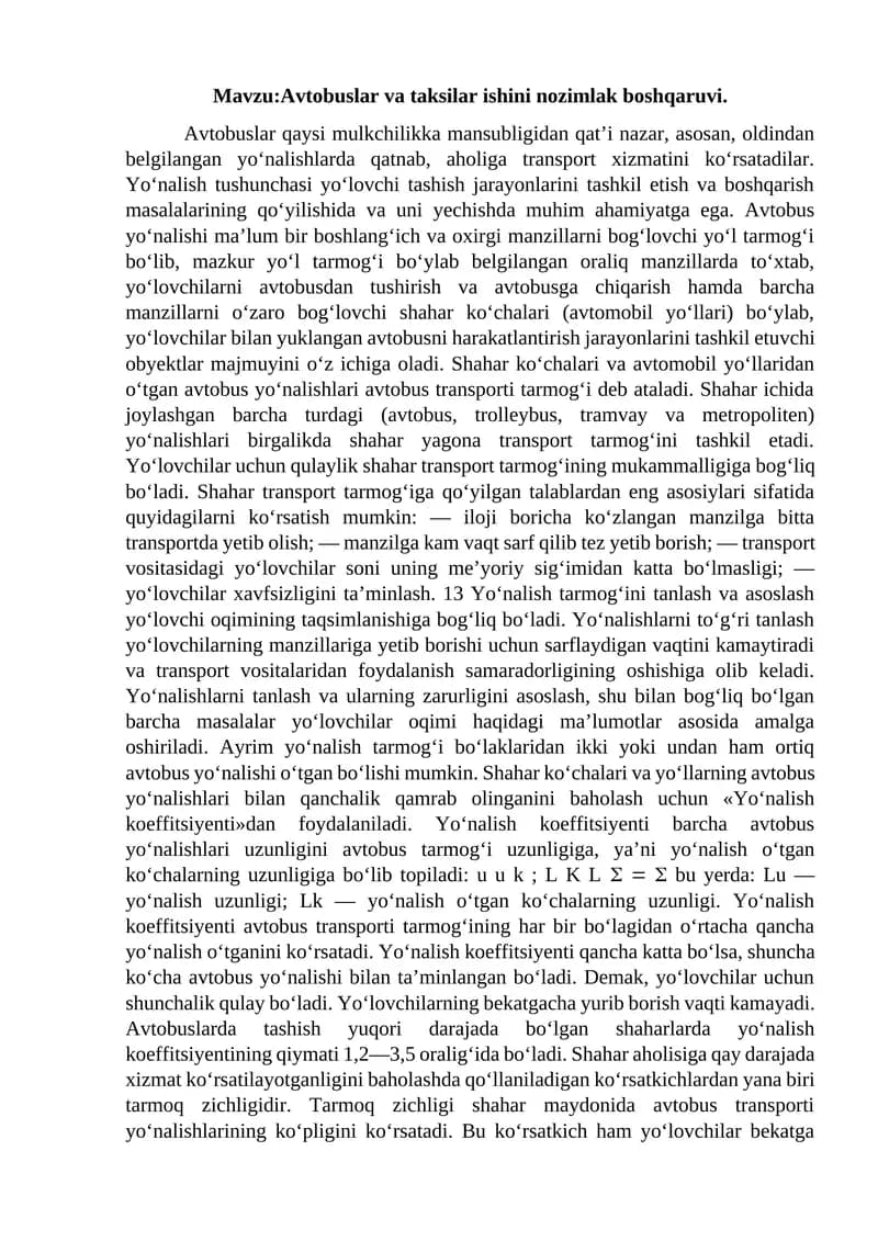 Avtobuslar va taksilar ishini nozimlak boshqaruvi