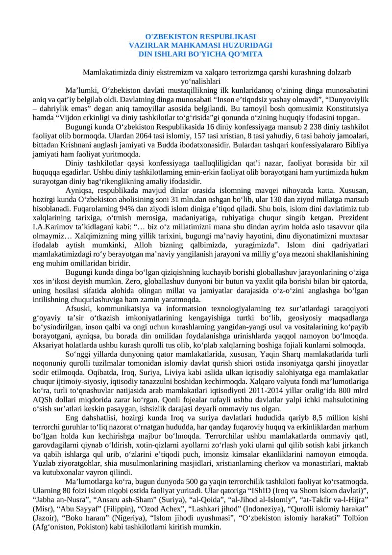 O'ZBEKISTON RESPUBLIKASI VAZIRLAR MAHKAMASI HUZURIDAGI DIN ISHLARI BO'YICHA QO'MITA