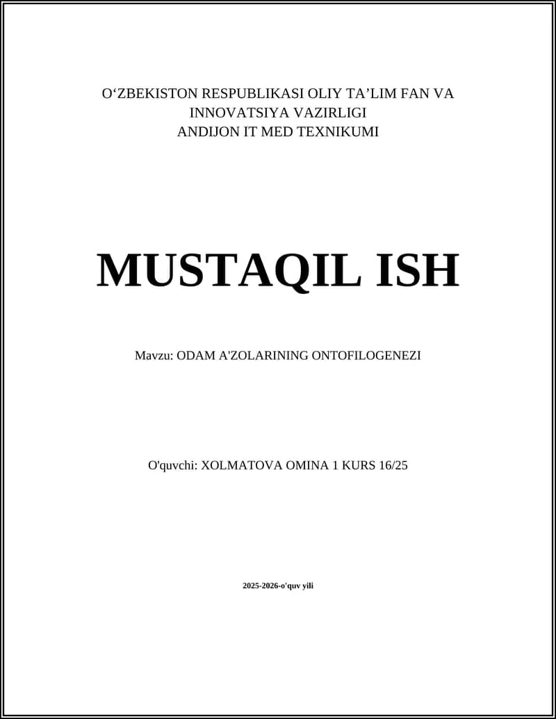 ODAM A'ZOLARINING ONTOFILOGENEZI