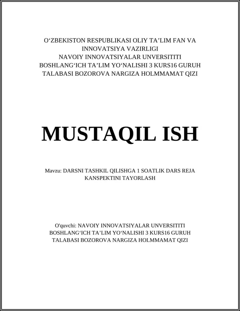 DARSNI TASHKIL QILISHGA 1 SOATLIK DARS REJA KANSPEKTINI TAYORLASH