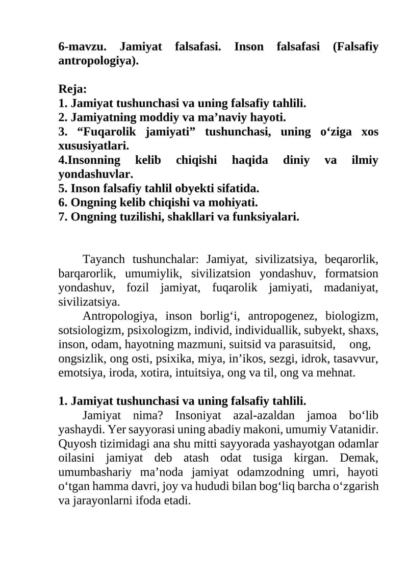 Jamiyat falsafasi. Inson falsafasi (Falsafiy antropologiya)