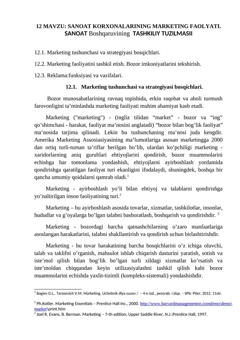 SANOAT KORXONALARINING MARKETING FAOLYATI