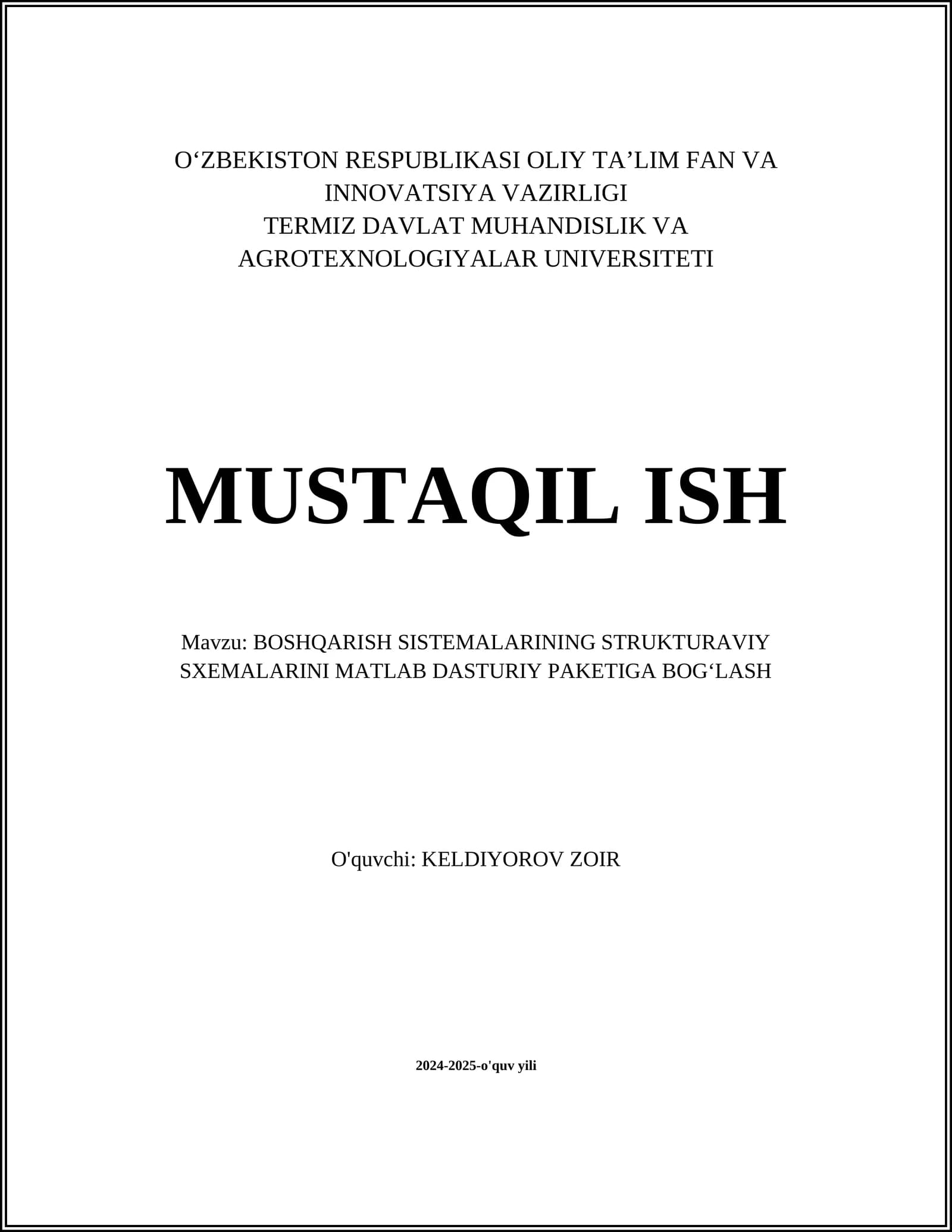 MATLAB muhitida strukturaviy sxemalar yaratish
