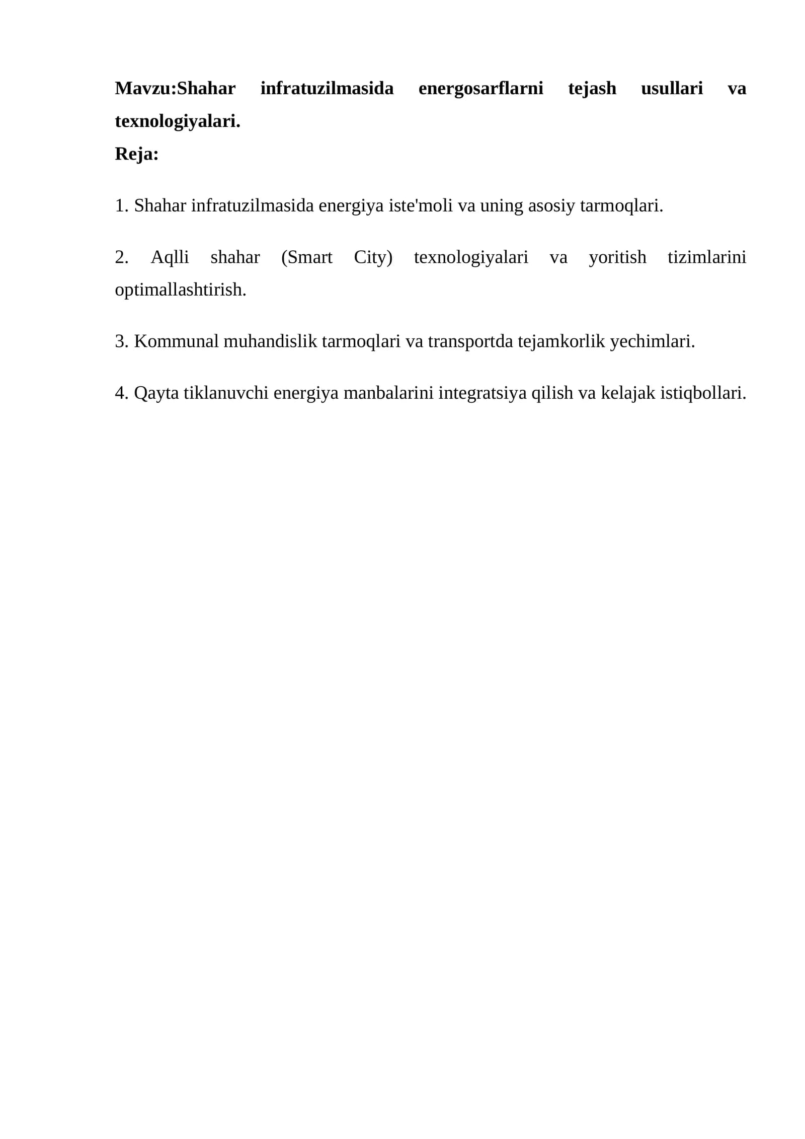 Shahar infratuzilmasida energosarflarni tejash usullari va texnologiyalari