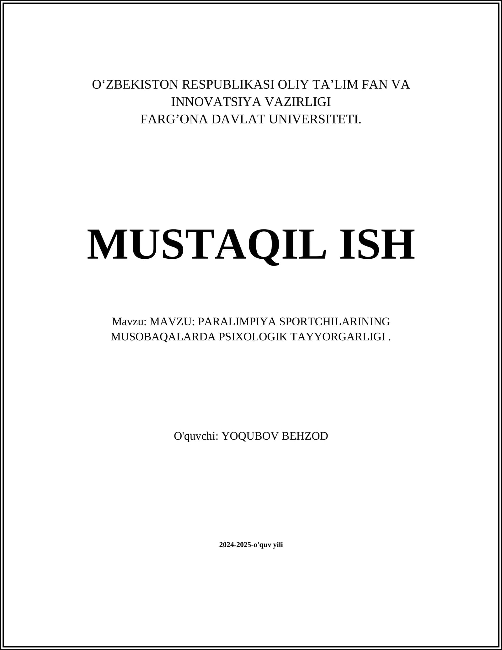 PARALIMPIYA SPORTCHILARINING MUSOBAQALARDA PSIXOLOGIK TAYYORGARLIGI