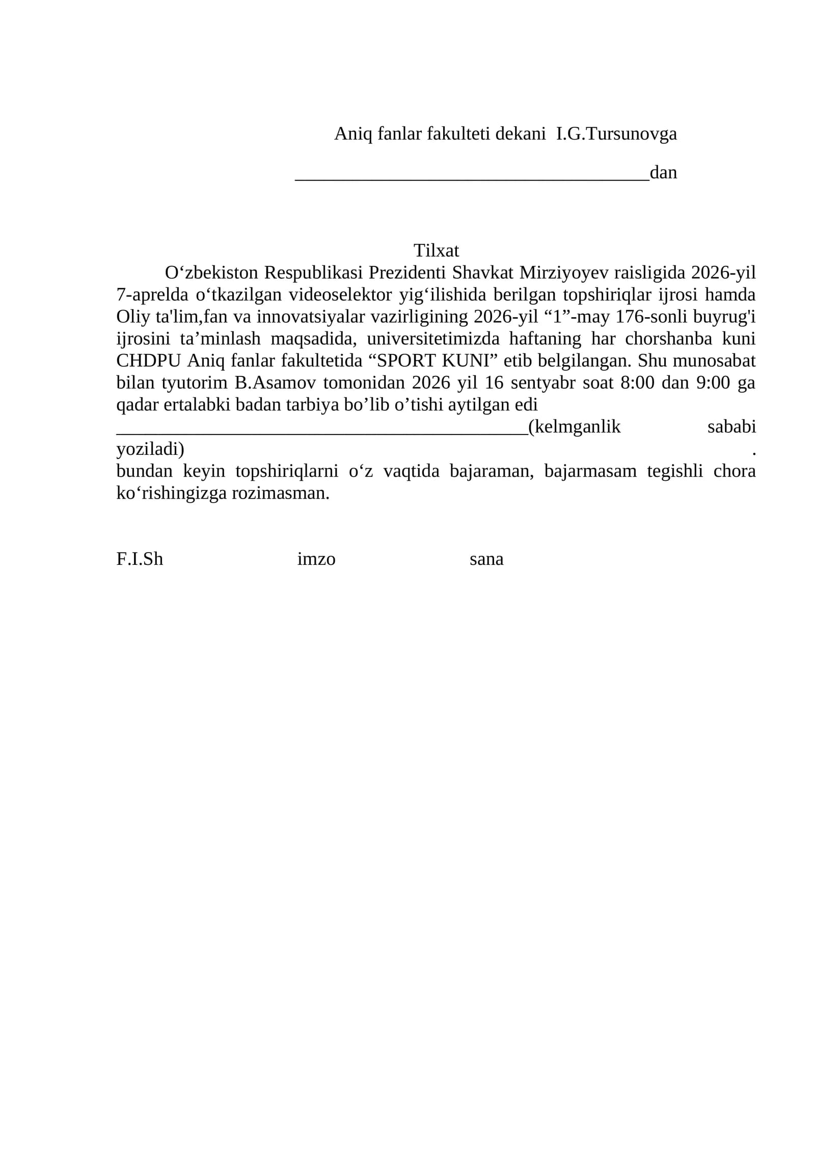 Aniq fanlar fakulteti dekani I.G.Tursunovga