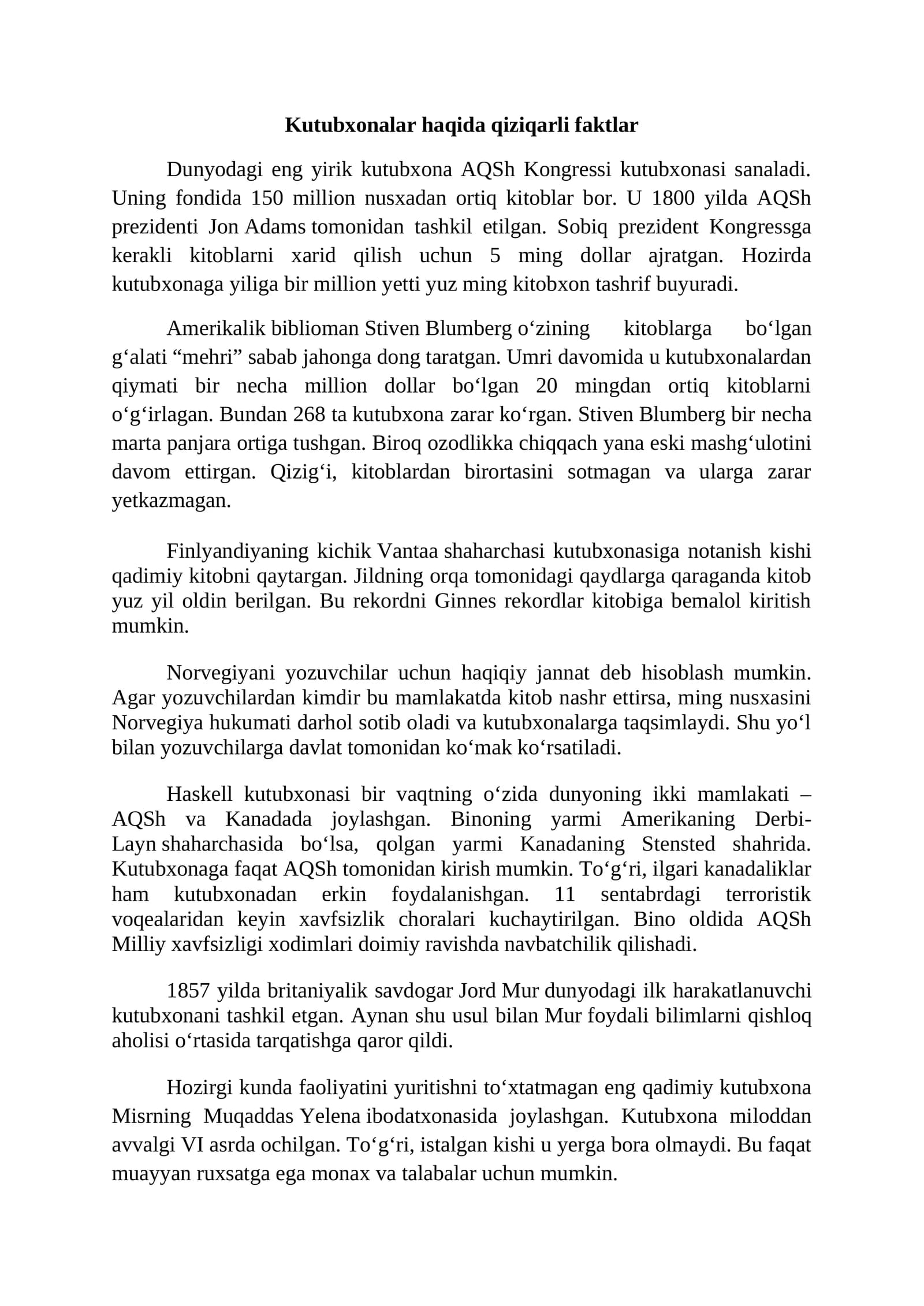 Kutubxonalar haqida qiziqarli faktlar