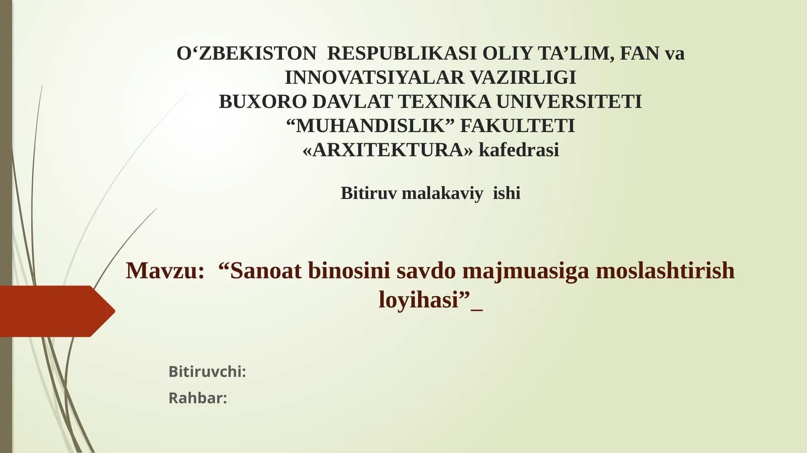 Sanoat binosini savdo majmuasiga moslashtirish loyihasi Diplom ishi Prezintatsiya.pptx