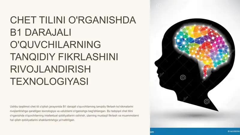 CHET TILINI O'RGANISHDA B1 DARAJALI O'QUVCHILARNING TANQIDIY FIKRLASHINI  RIVOJLANDIRISH TEXNOLOGIYASI