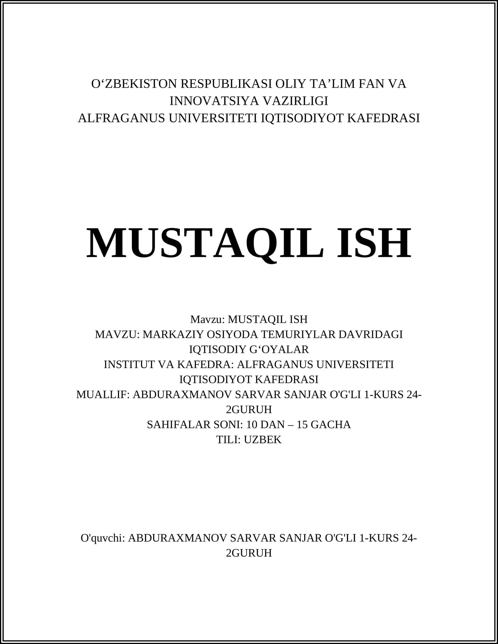MARKAZIY OSIYODA TEMURIYLAR DAVRIDAGI IQTISODIY GʻOYALAR