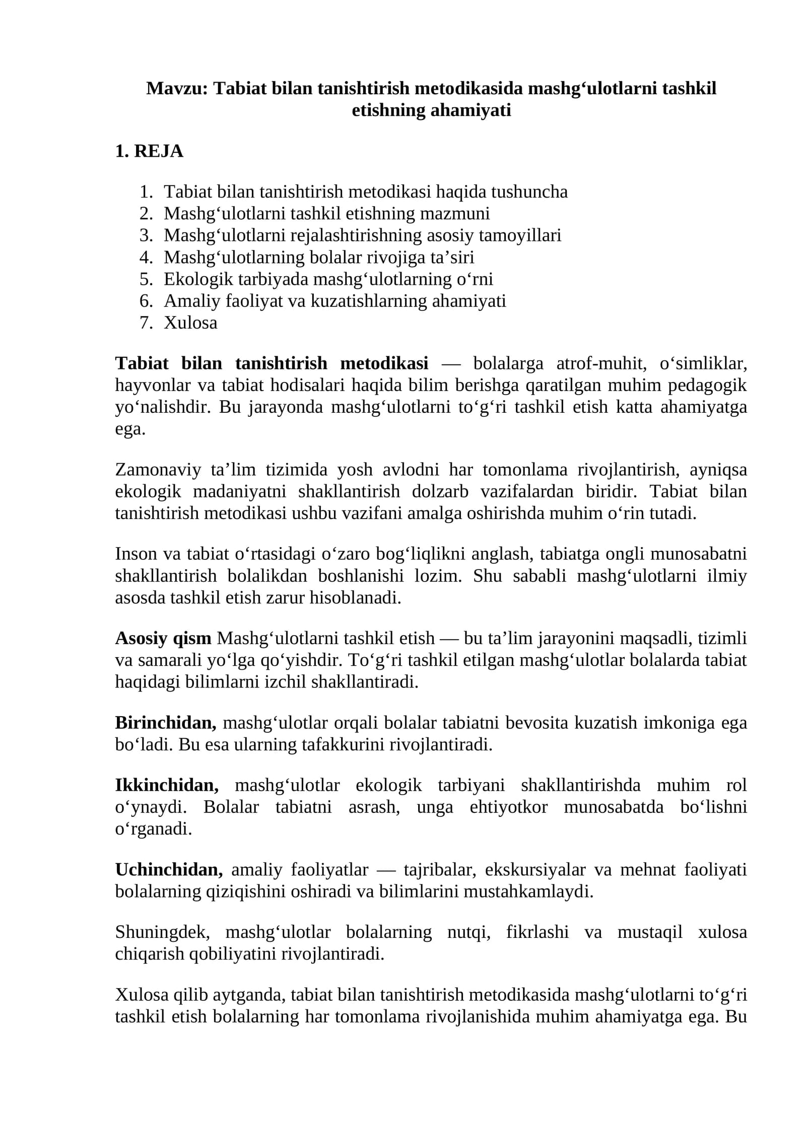 Tabiat bilan tanishtirish metodikasida mashg‘ulotlarni tashkil etishning ahamiyati