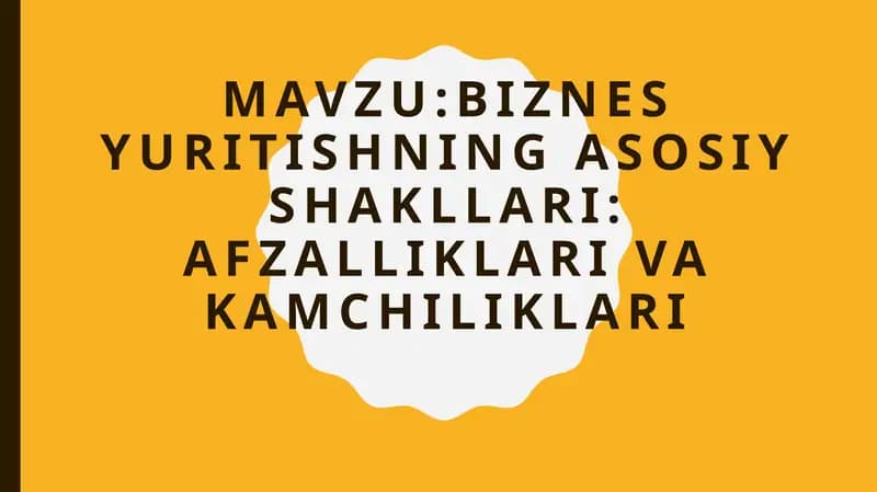 BIZNES YURITISHNING ASOSIY SHAKLLARI:AFZALLIKLARI VAKAMChILIKLARI