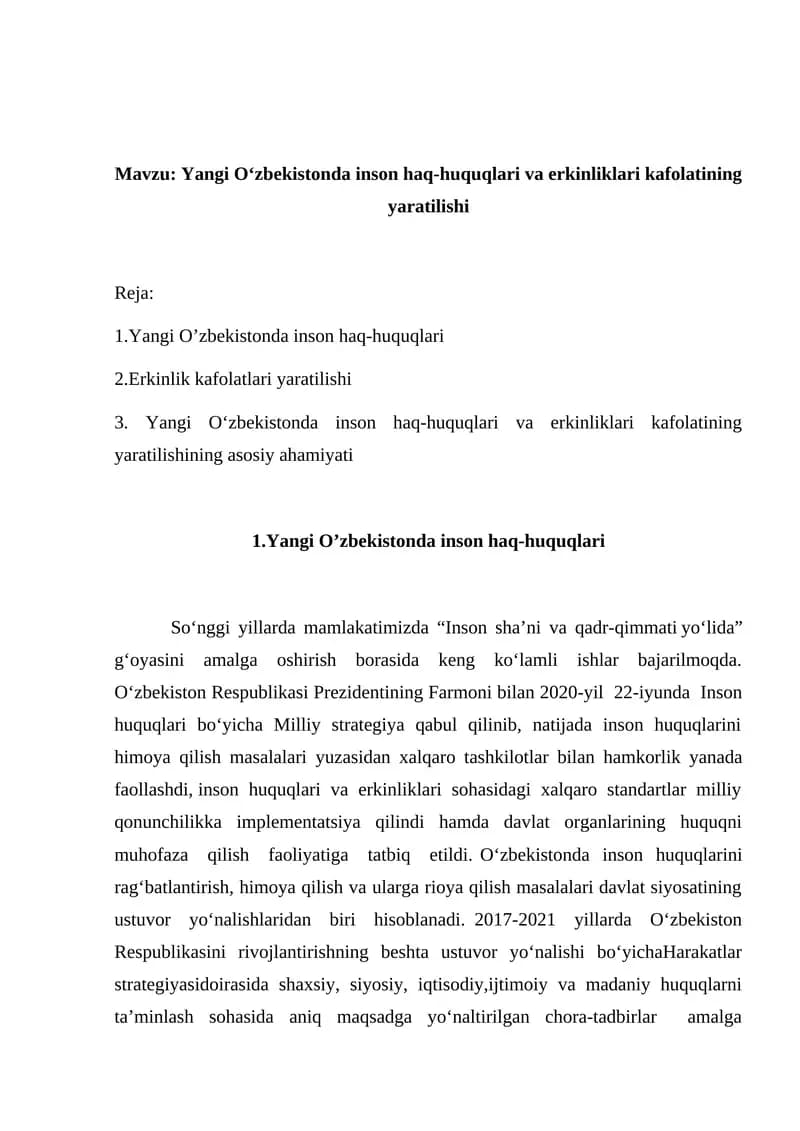 Yangi O‘zbekistonda inson haq-huquqlari va erkinliklari kafolatining yaratilishi