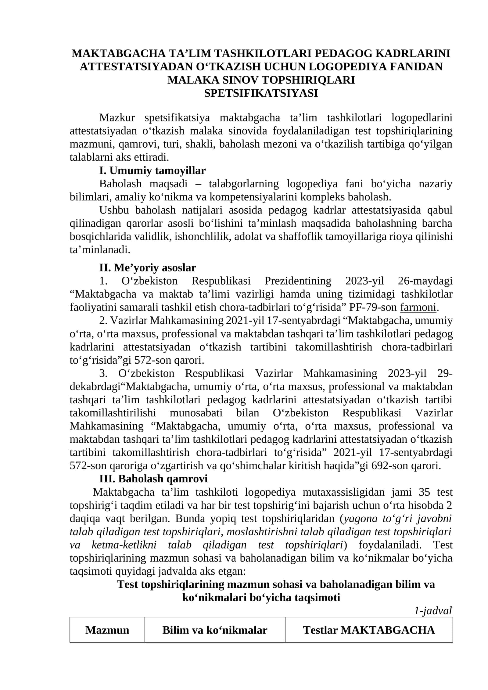 MAKTABGACHA TAʼLIM TASHKILOTLARI PEDAGOG KADRLARINI ATTESTATSIYADAN OʻTKAZISH UCHUN LOGOPEDIYA FANIDAN MALAKA SINOV TOPSHIRIQLARI