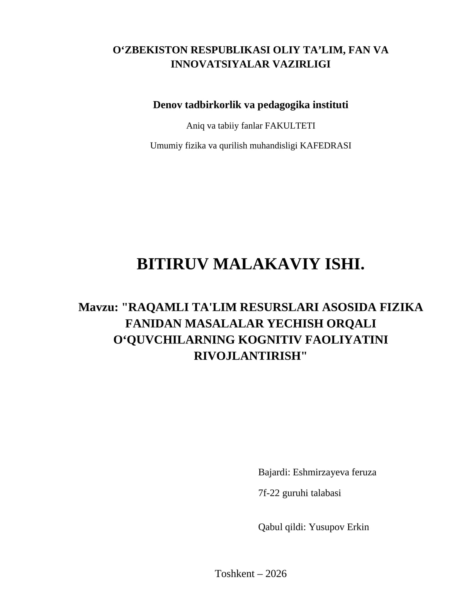 Raqamli ta'lim resurslari asosida fizika fanidan masalalar yechish orqali oʻquvchilarning kognitiv faoliyatini rivojlantirish