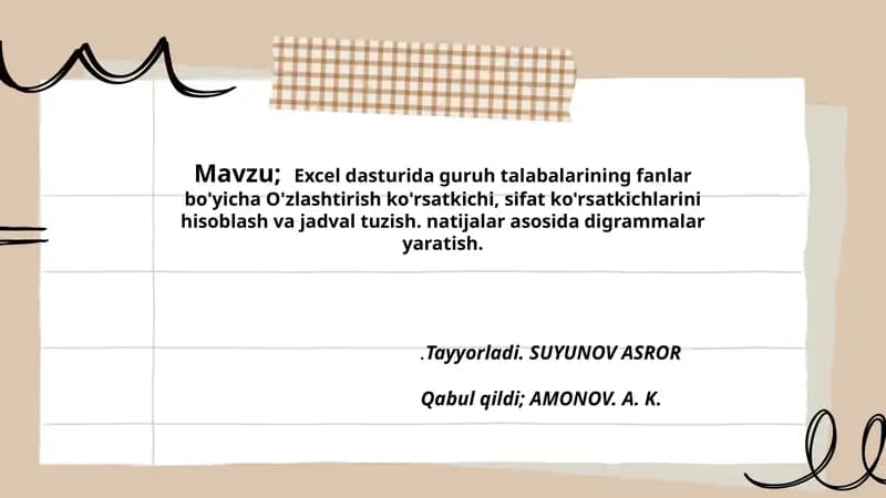 Excel dasturida guruh talabalarining fanlar bo'yicha O'zlashtirish ko'rsatkichi, sifat ko'rsatkichlarini hisoblash va jadval tuzish.