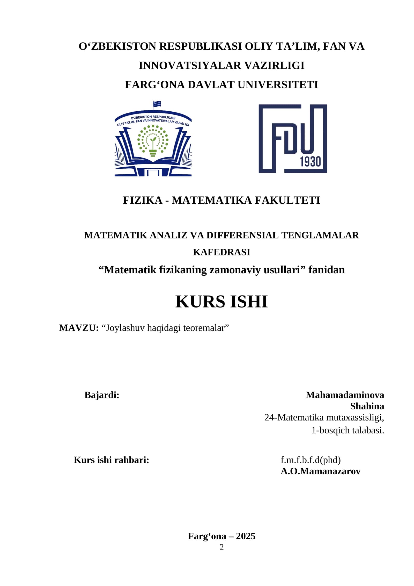 “Matematik fizikaning zamonaviy usullari”