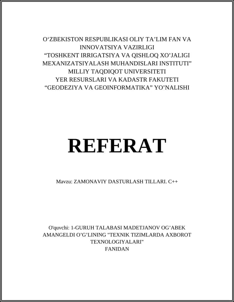 ZAMONAVIY DASTURLASH TILLARI. C++
