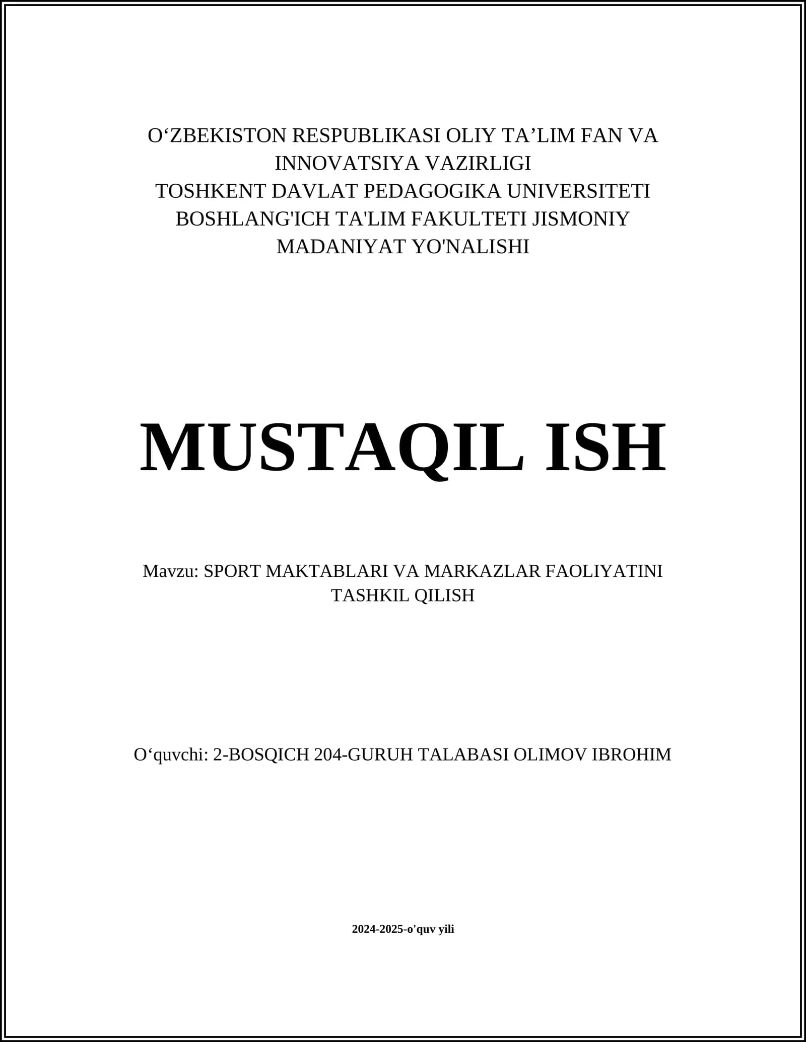 SPORT MAKTABLARI VA MARKAZLAR FAOLIYATINI TASHKIL QILISH