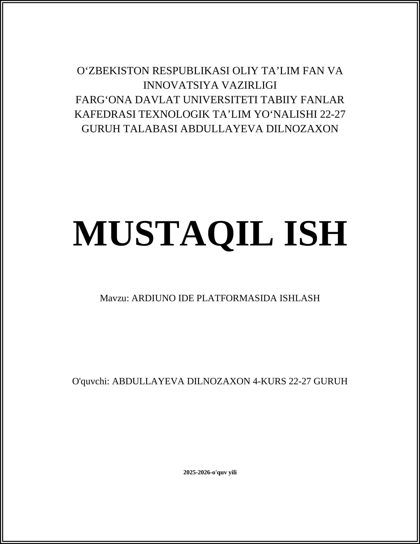 ARDIUNO IDE PLATFORMASIDA ISHLASH