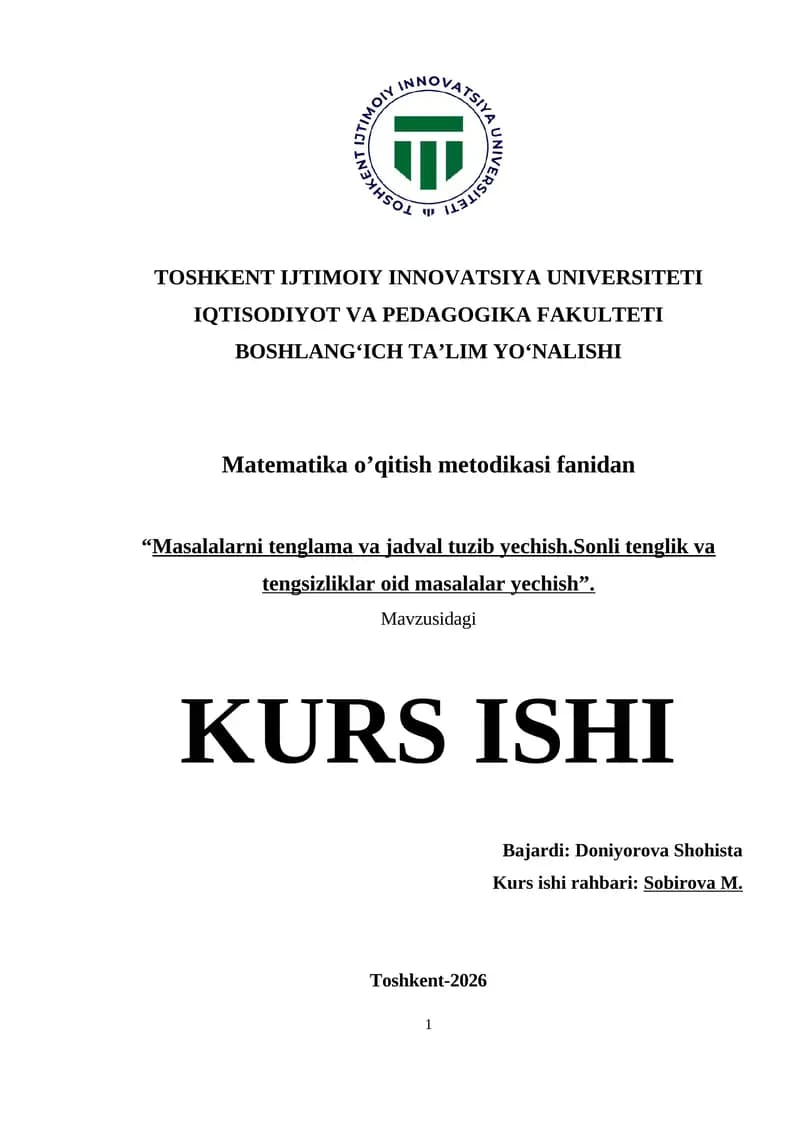 Masalalarni tenglama va jadval tuzib yechish.Sonli tenglik va tengsizliklar oid masalalar yechish.docx