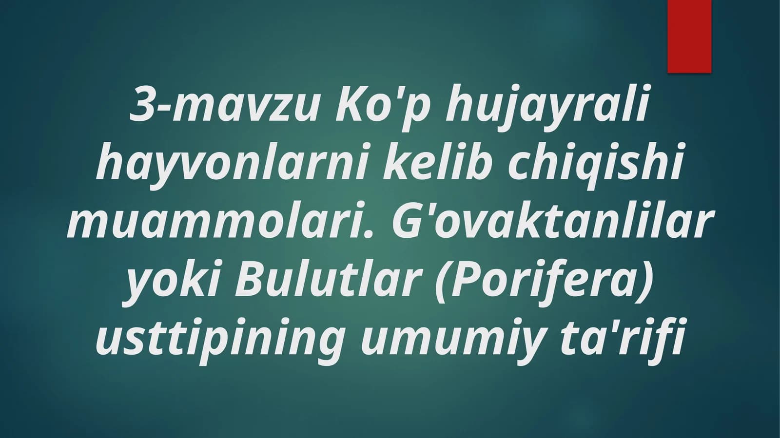 Ko'p hujayrali hayvonlarni kelib chiqishi muammolari. G'ovaktanlilar yoki Bulutlar (Porifera) usttipining umumiy ta'rifi