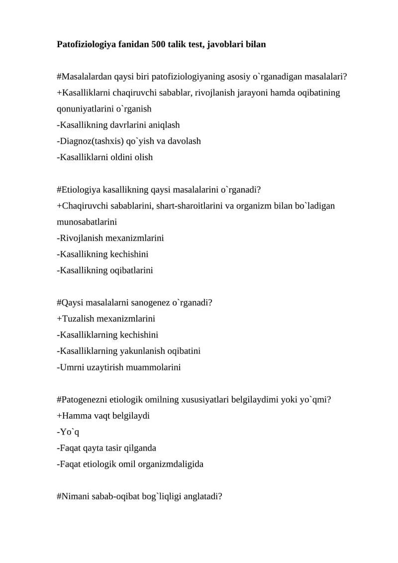 Patofiziologiya fanidan 500 talik test, javoblari bilan
