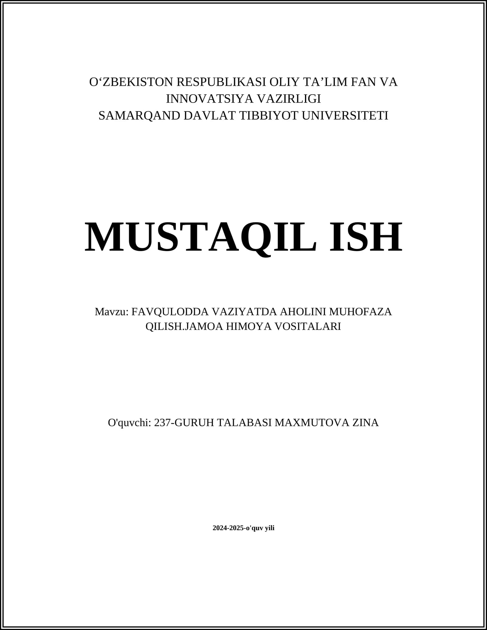 FAVQULODDA VAZIYATLARDA AHOLINI MUHOFAZA QILISH