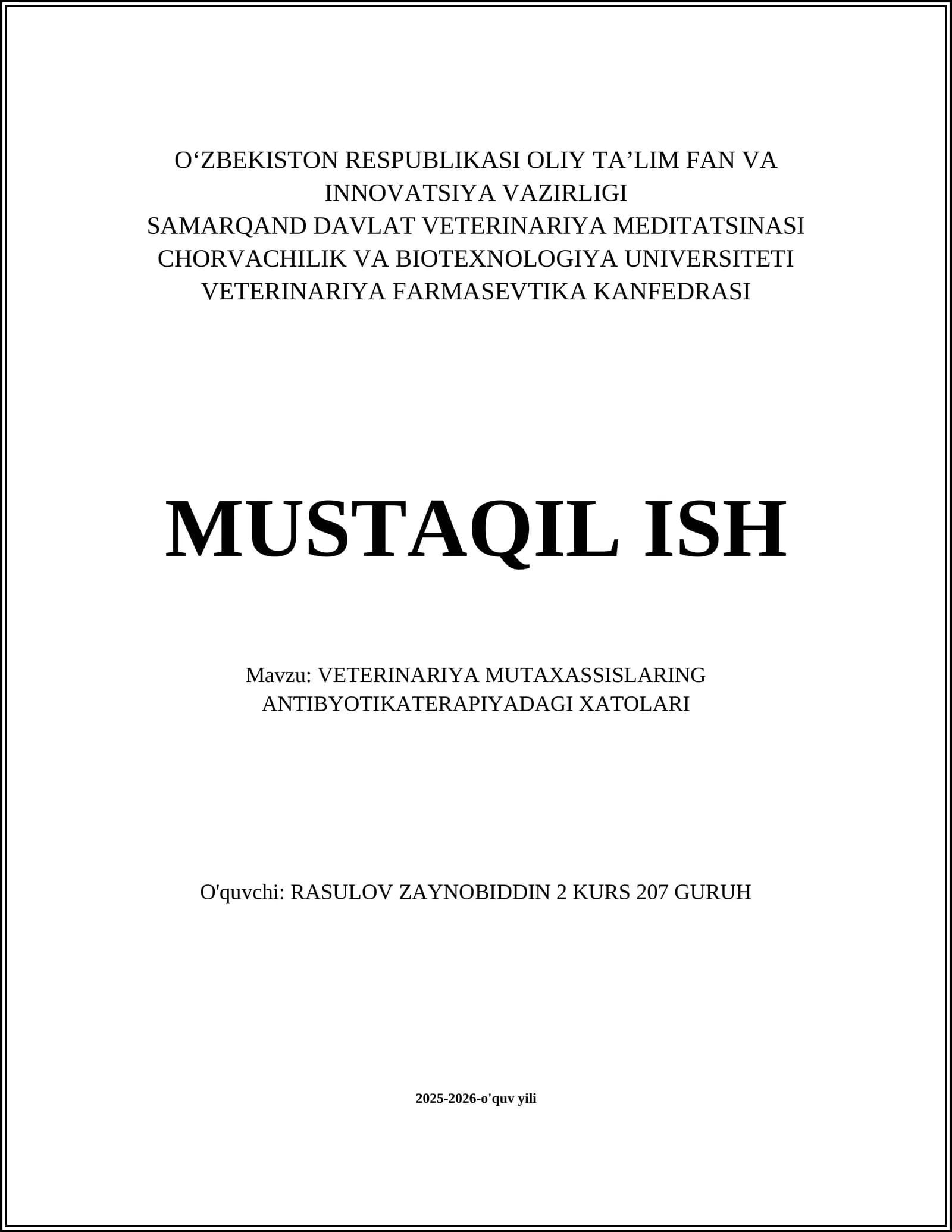 VETERINARIYA MUTAXASSISLARING ANTIBYOTIKATERAPIYADAGI XATOLARI