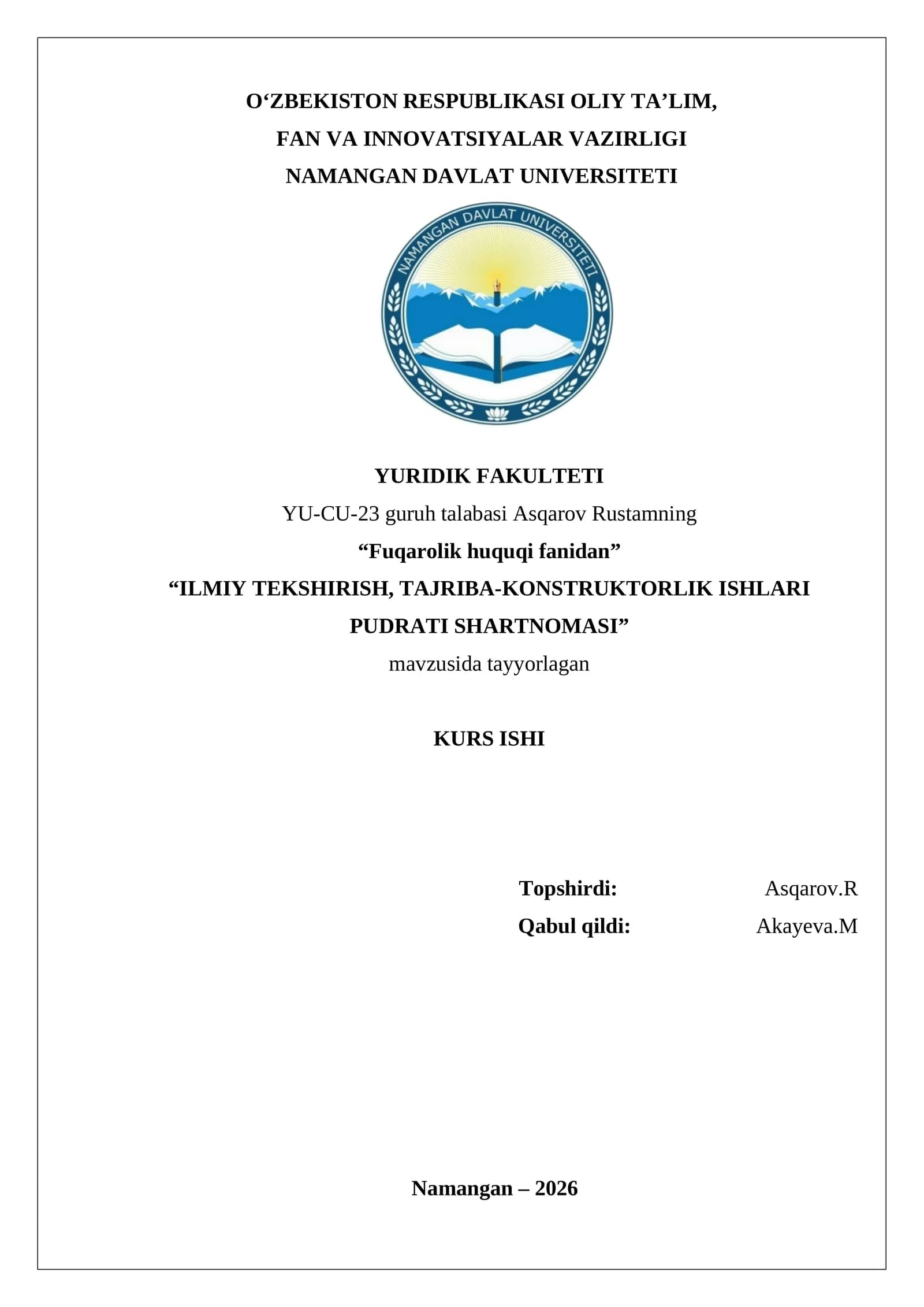 “ILMIY TEKSHIRISH, TAJRIBA-KONSTRUKTORLIK ISHLARI PUDRATI SHARTNOMASI”