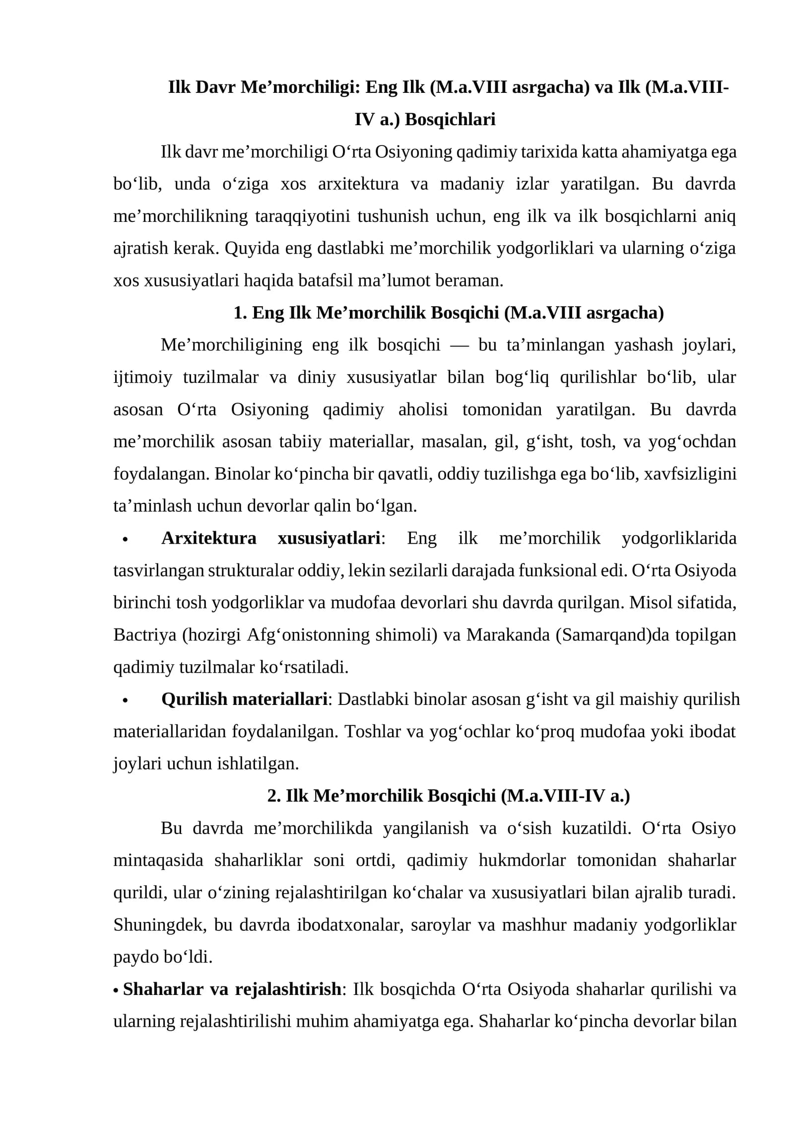 Eng Ilk Me’morchilik Bosqichi (M.a.VIII asrgacha)