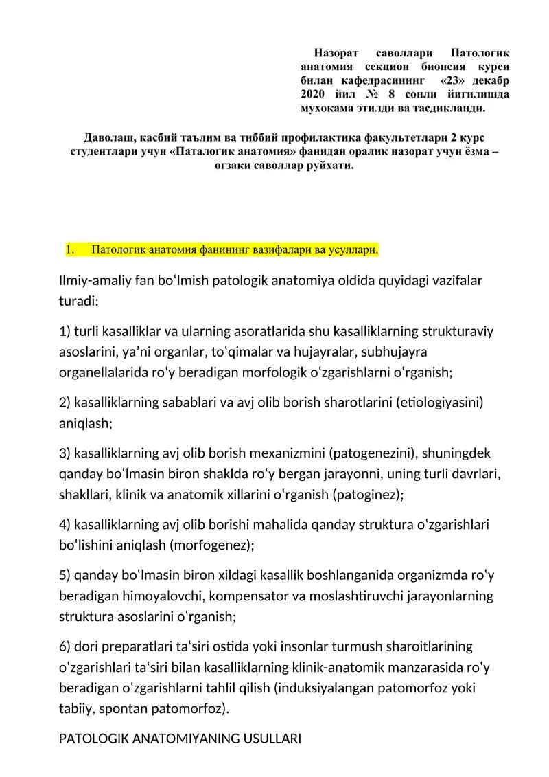 Patologik anatomiya saviyasida o'qish materiallari