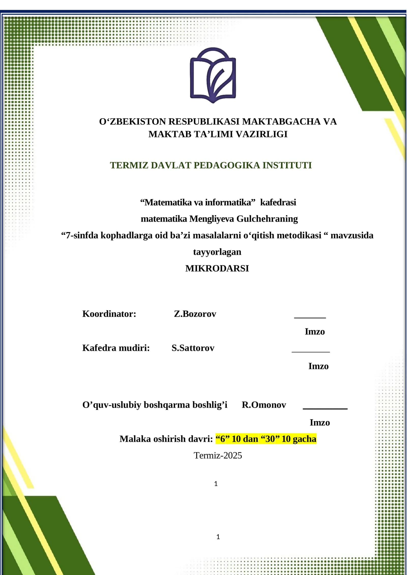 "7-sinfda kophadlarga oid ba’zi masalalarni o‘qitish metodikasi"