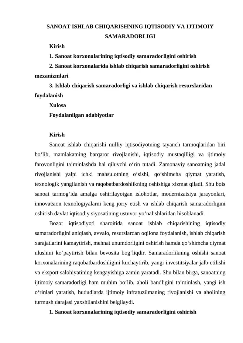 SANOAT ISHLAB CHIQARISHNING IQTISODIY VA IJTIMOIY SAMARADORLIGI