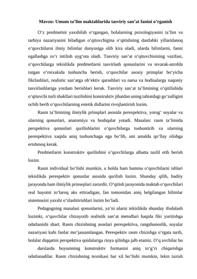 Umum ta’lim maktablarida tasviriy san’at fanini o’rganish