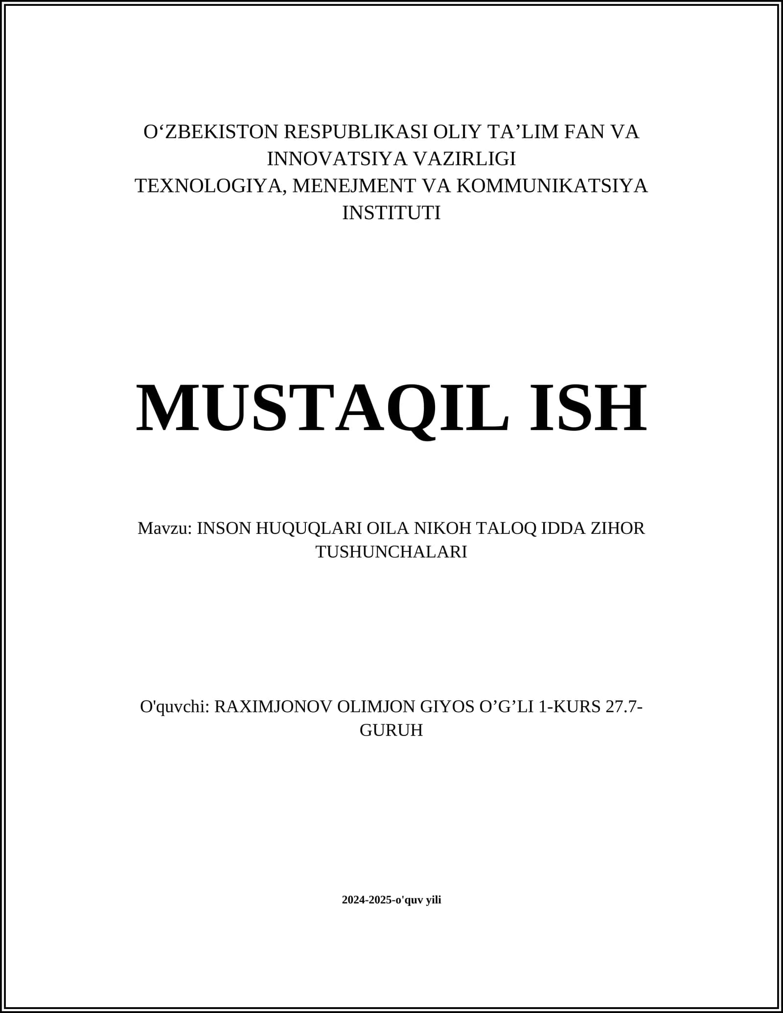 INSON HUQUQLARI OILA NIKOH TALOQ IDDA ZIHOR TUSHUNCHALARI