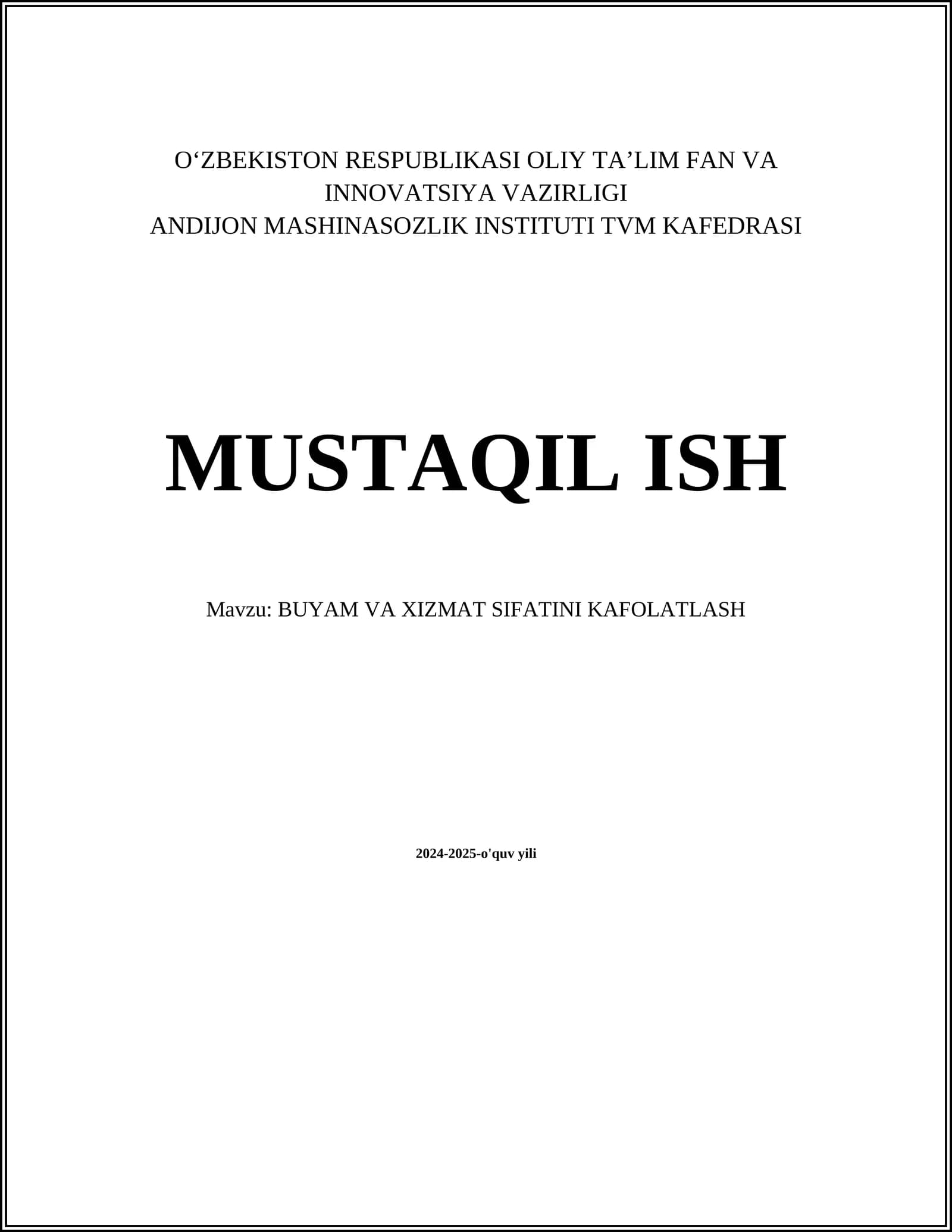 BUYAM VA XIZMAT SIFATINI KAFOLATLASH