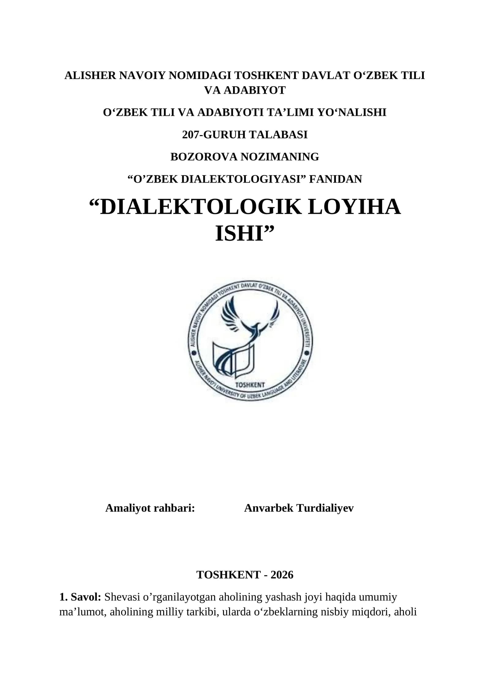 O‘ZBEK DIALEKTOLOGIYASI. Dialektologik amaliyot ishi