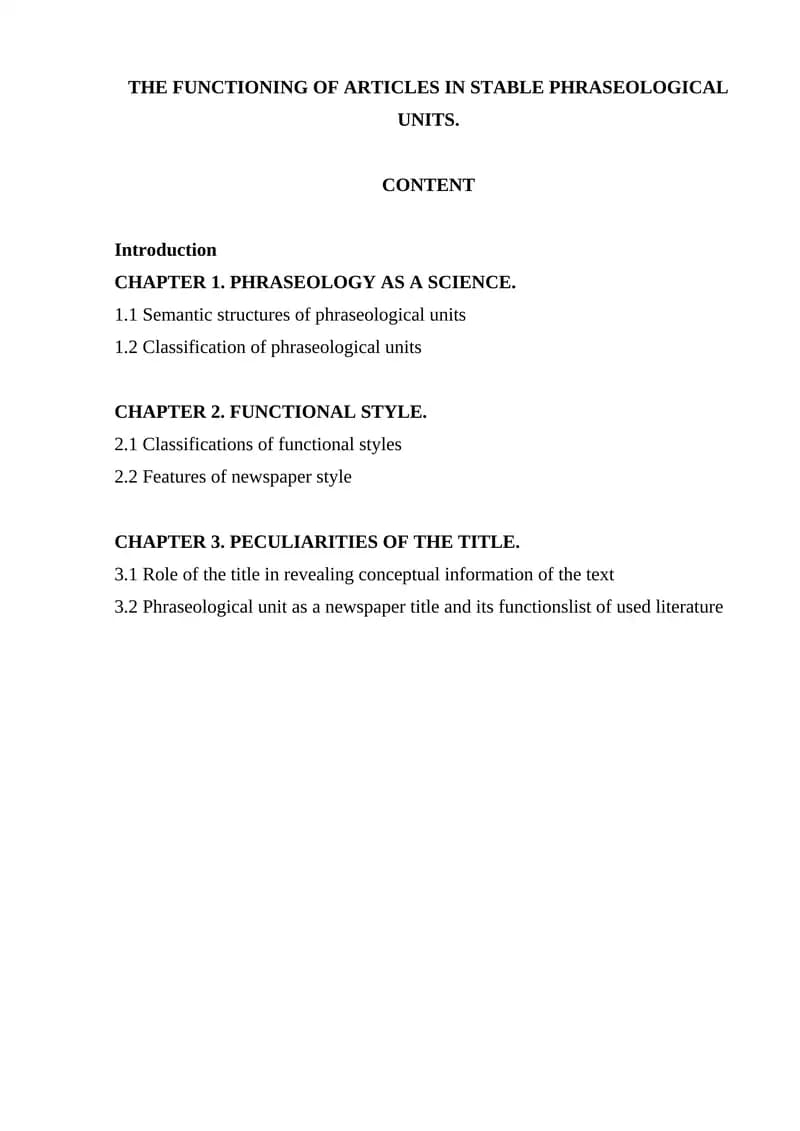 Functioning of Articles in Stable Phraseological Units