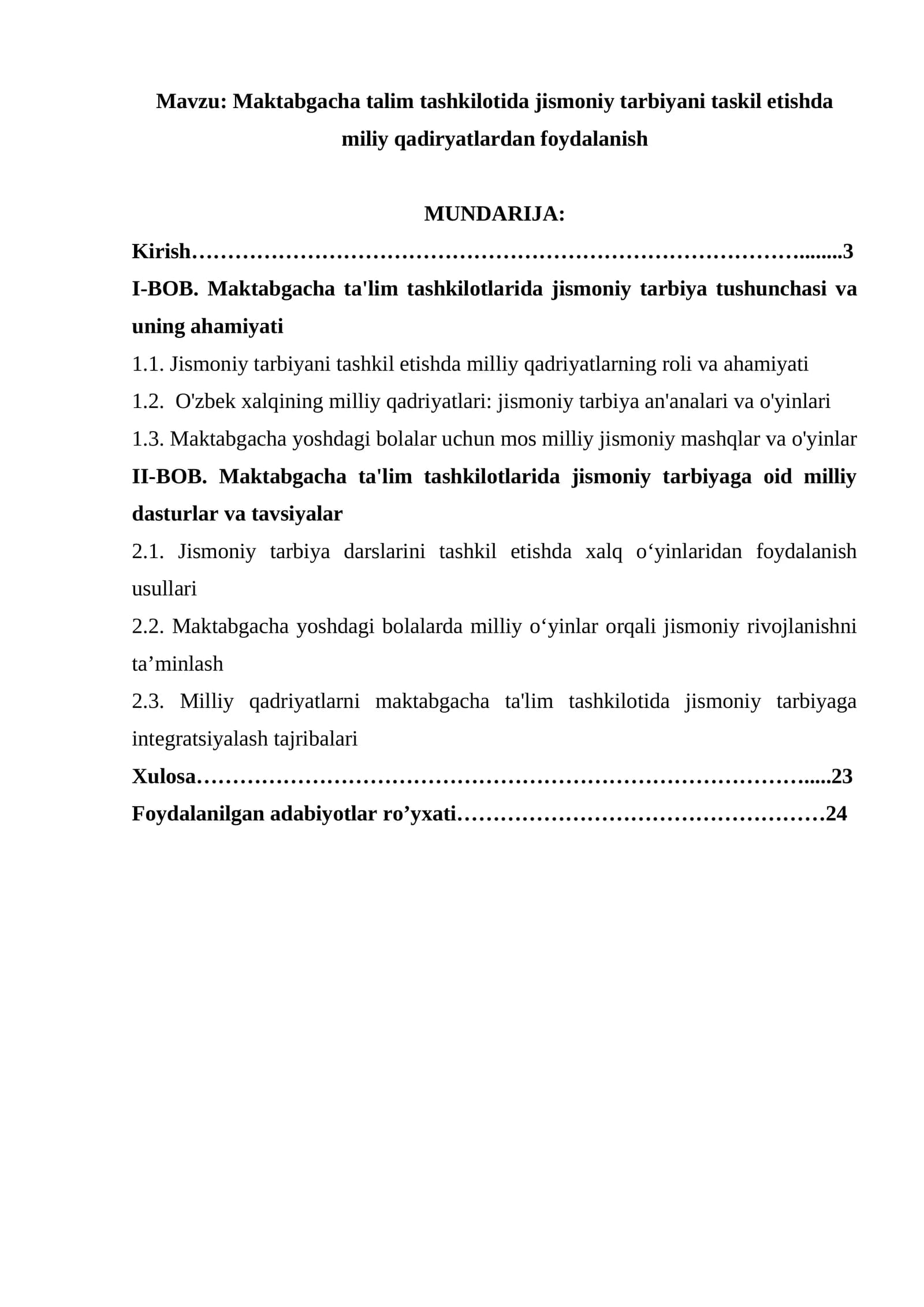 Maktabgacha talim tashkilotida jismoniy tarbiyani taskil etishda miliy qadiryatlardan foydalanish