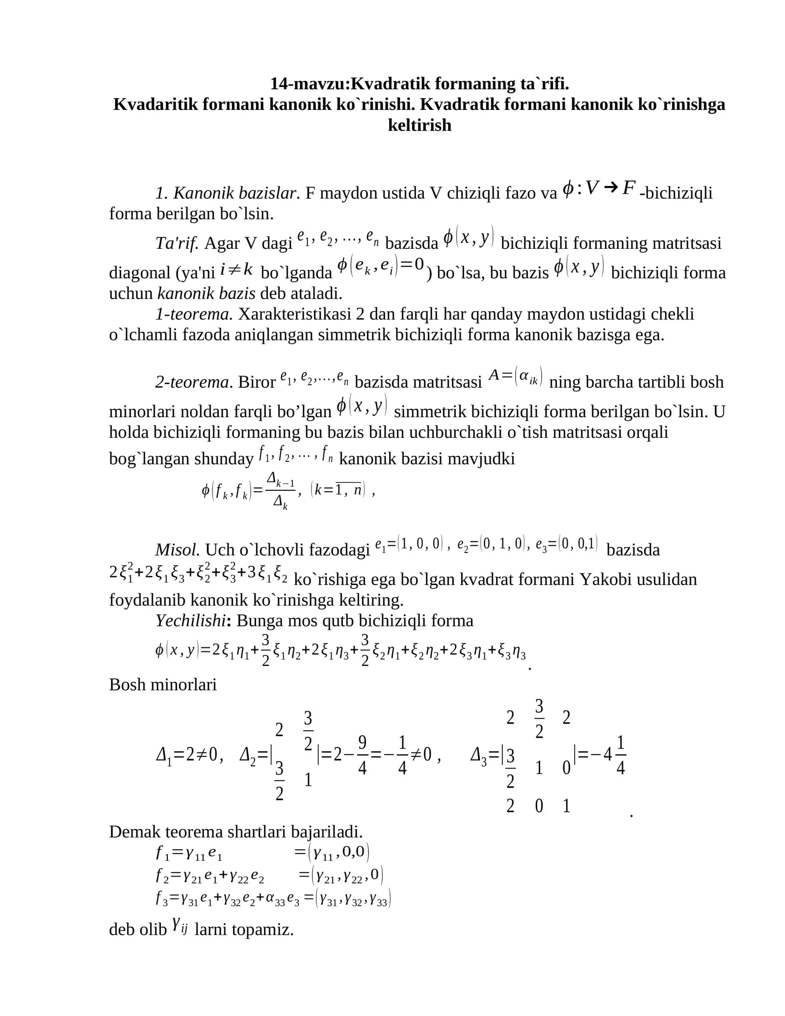 Kvadratik formaning ta`rifi