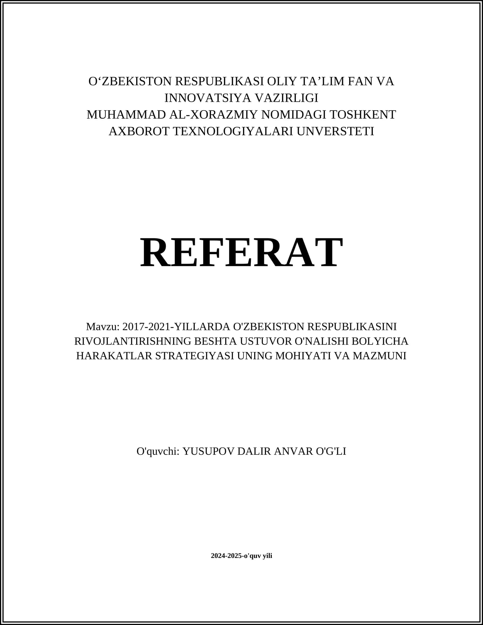 2017-2021-YILLARDA O'ZBEKISTON RESPUBLIKASINI RIVOJLANTIRISHNING BESHTA USTUVOR O'NALISHI BOLYICHA