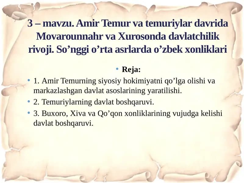Amir Temur davri davlat boshqaruvi