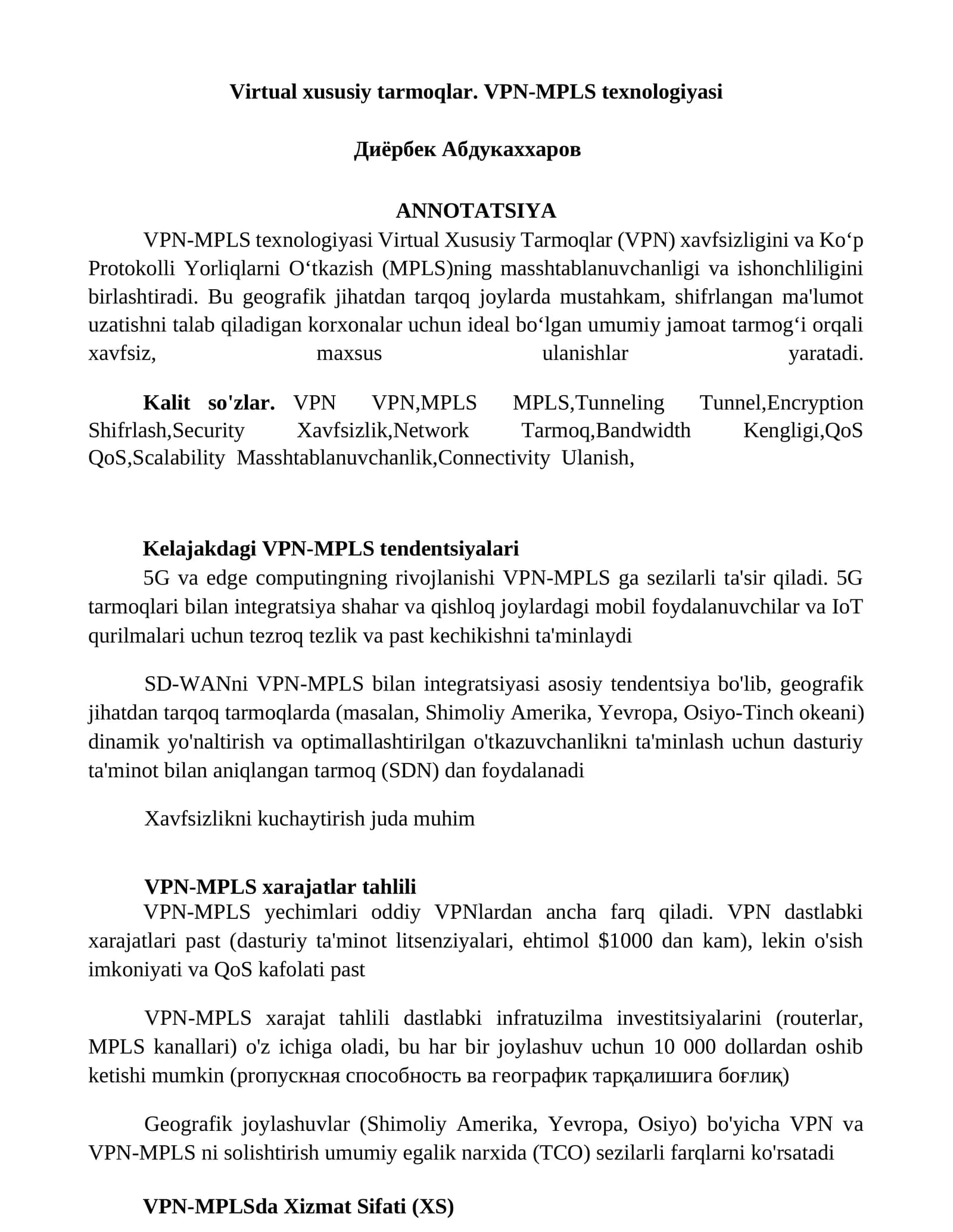 VPN-MPLS texnologiyasi Virtual Xususiy Tarmoqlar
