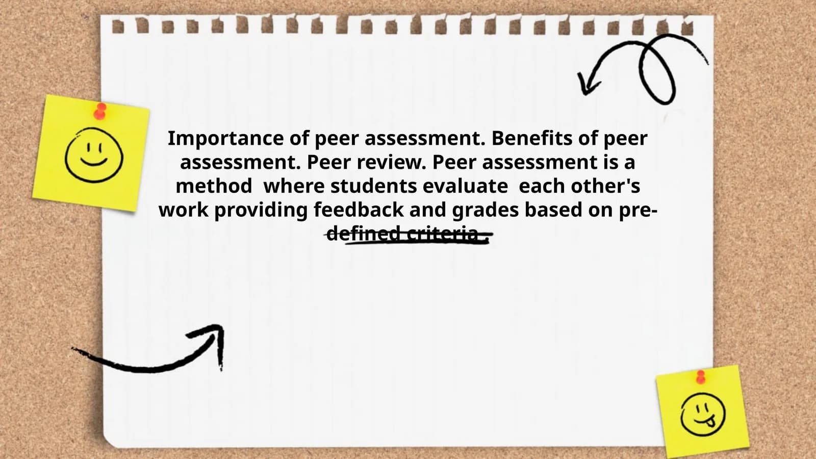 Importance of peer assessment. Benefits of peer assessment. Peer review. Peer assessment is a method  where students evaluate  each other's work providing feedback and grades based on pre-defined criteria .