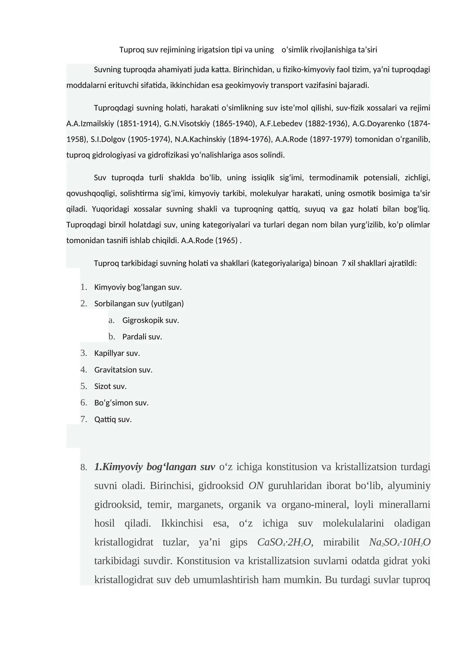 Tuproq suv rejimining irigatsion tipi va uning o’simlik rivojlanishiga ta’siri